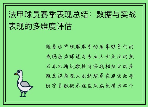 法甲球员赛季表现总结：数据与实战表现的多维度评估