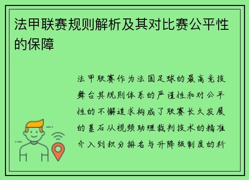法甲联赛规则解析及其对比赛公平性的保障